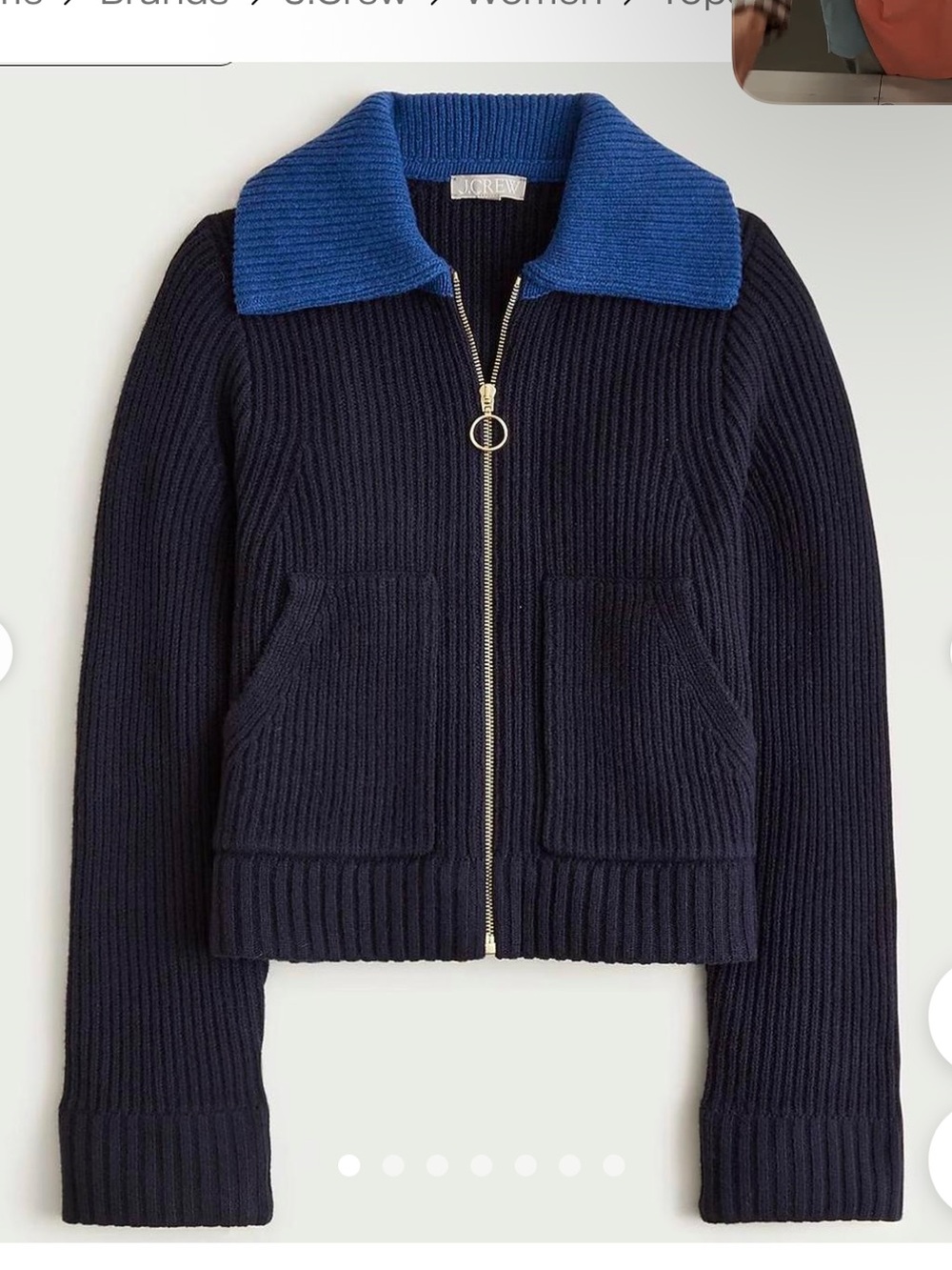 J. Crew Navy Zip Cardigan with Bright Blue Collar